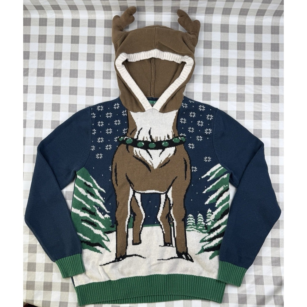 Ugly Christmas Sweater Reindeer Hood Antlers Hoodie Large